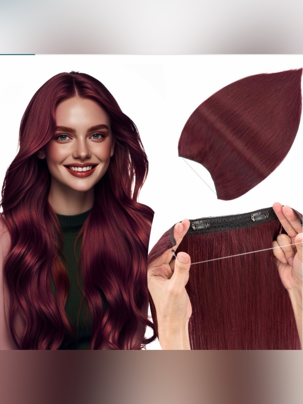 14” Burgundy 99J Wine Red Clip-In Human Hair Halo Fishwire Extension 60g #UB6